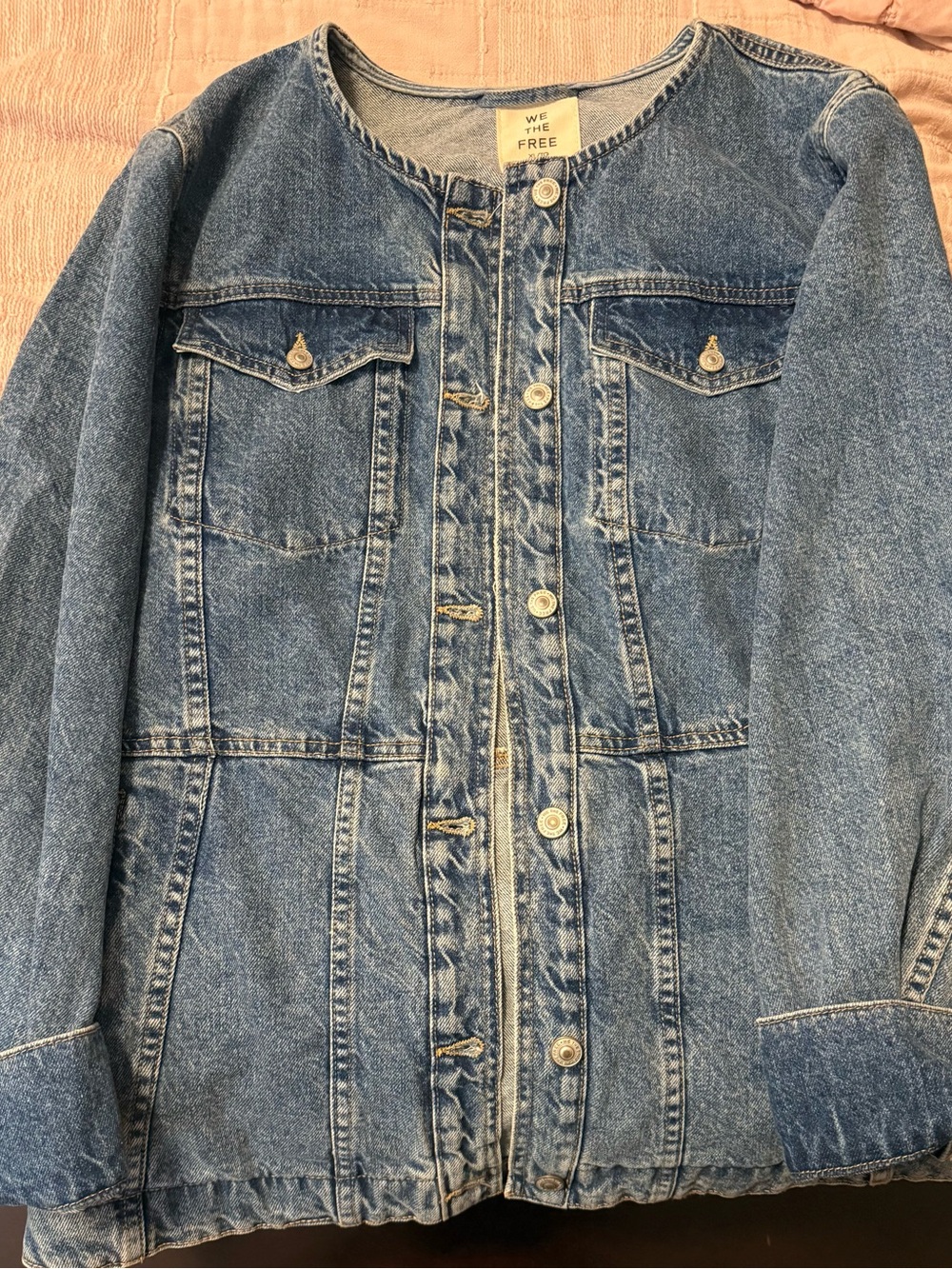 We The Free Light Blue Collarless Denim Jacket
